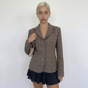 Vintage French Taupe Plaid Button Front Tailored Jacket with Ruffle Trim (S/M)